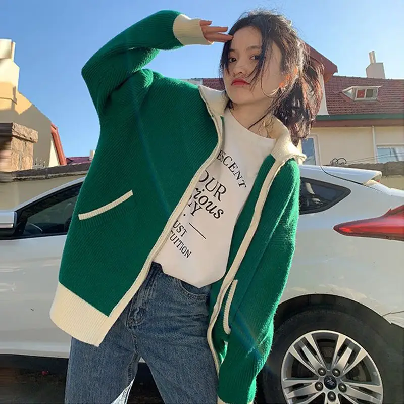 

Autumn Winter Jackets Women Loose Knit Cardigan Zipper Turn-down Collar Sweater Pocket Jacket Korean Style Outwear K103