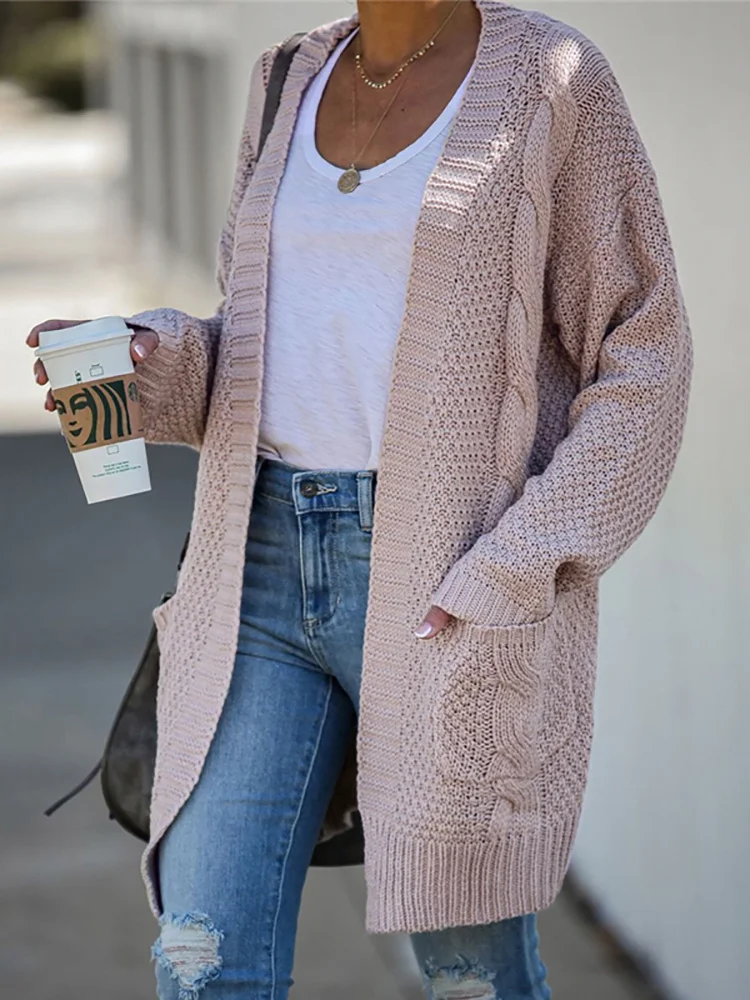 

Pockets Twist Women's s Knitted Winter Coat Vintage Slim Holiday Boho Slim Long Female Knitwear New