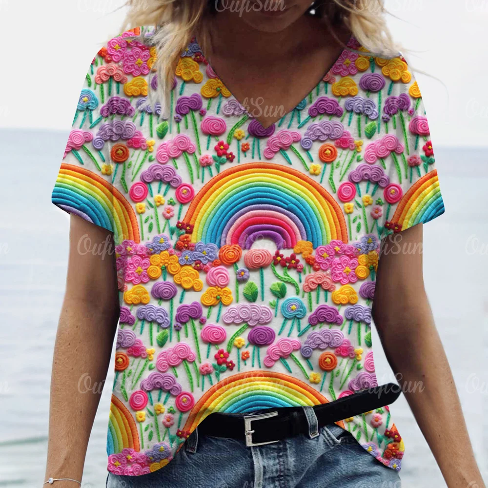 

New Women's T-Shirt, 3D Floral Print Elements Summer Simple V-Neck Short-Sleeved Casual Top Y2k Large Size Loose T-Shirt