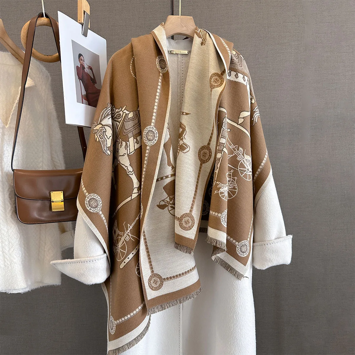 Autumn Winter Pashmina Elegant Horse Print Shawl Wrap Women Luxury Cashmere Scarf Femme Thick Warm Blanket Stoles Long Blanket