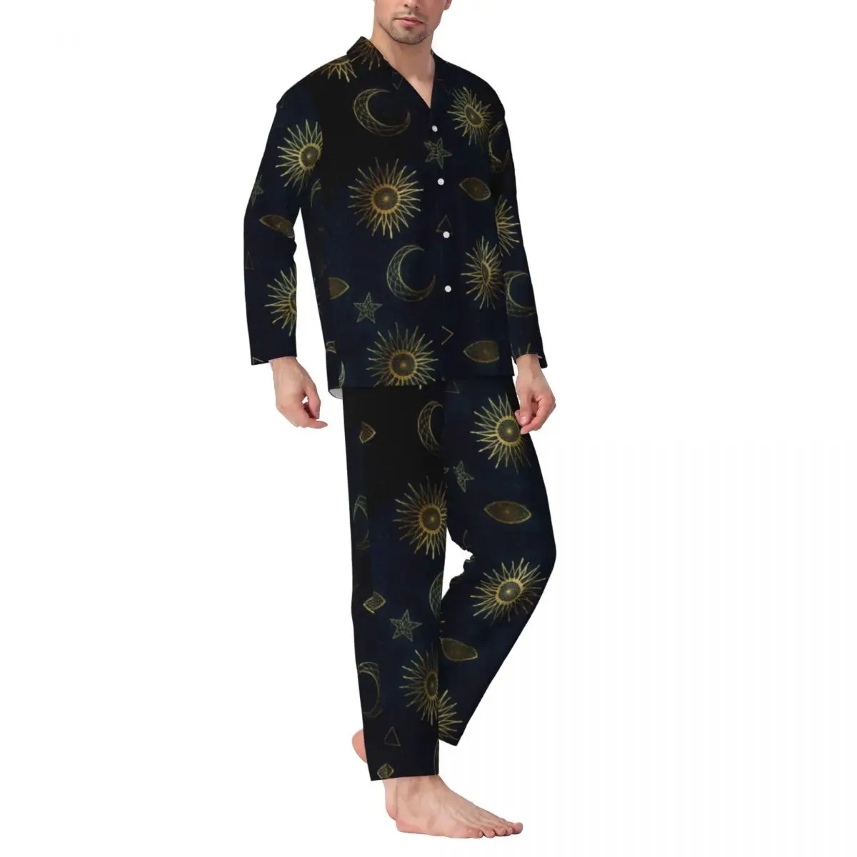 

Magical Symbol Pajamas Man Gold Moon Sun Stars Cute Room Nightwear Autumn 2 Pieces Casual Oversized Custom Pajamas Set