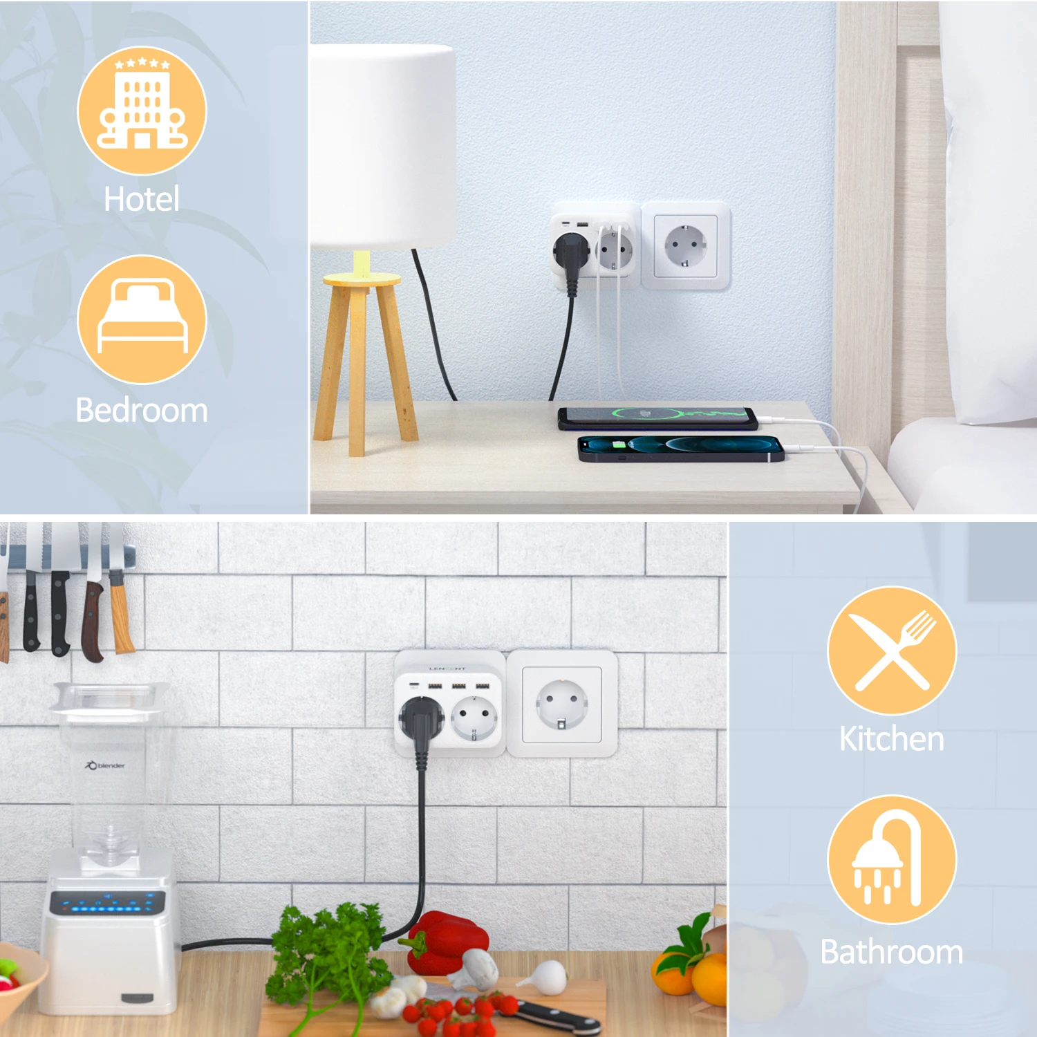 6 in 1 Plug Adapter Wall Charger with 2 Schuko Sockets 3 USB Ports 1 Type C for Home Office