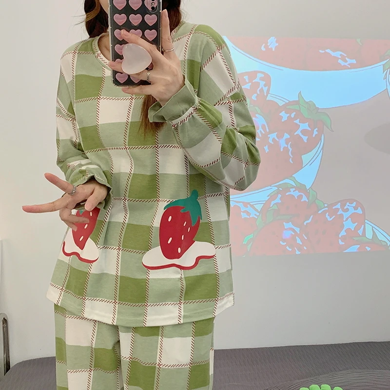 Pajamas Women's knitting cotton home clothes for spring and autumn wear pullover cartoon long sleeve suit round neck plaid
