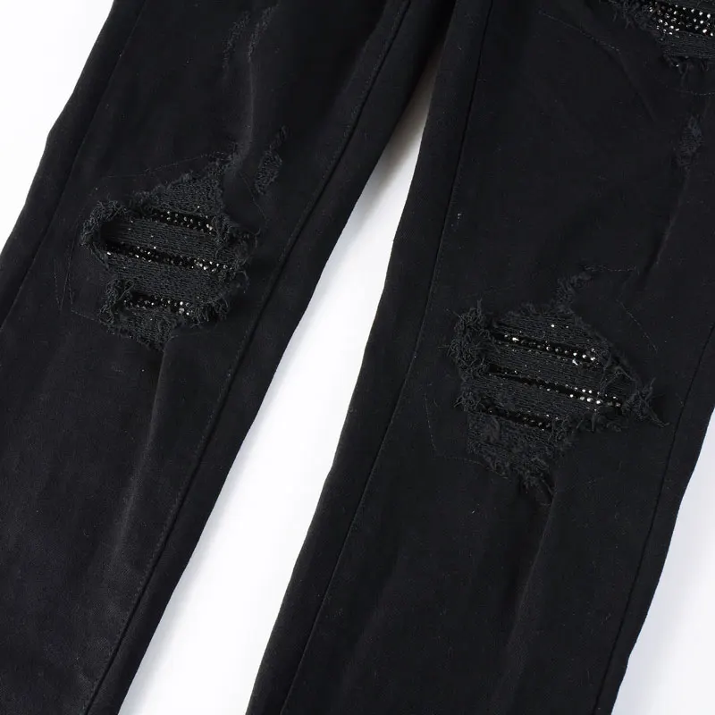 Street Fashion Men Jeans Black Stretch Skinny Fit Ripped Jeans Beading Patched Designer Hip Hop Brand Pants Men Punk Trousers