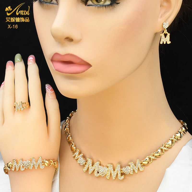 XUHUANG XOXO Women Necklace Set 18K Gold Color Bride M&M Crystal Wedding Necklace Earrings Bracelet Ring Jewelry Set Party Gift 2