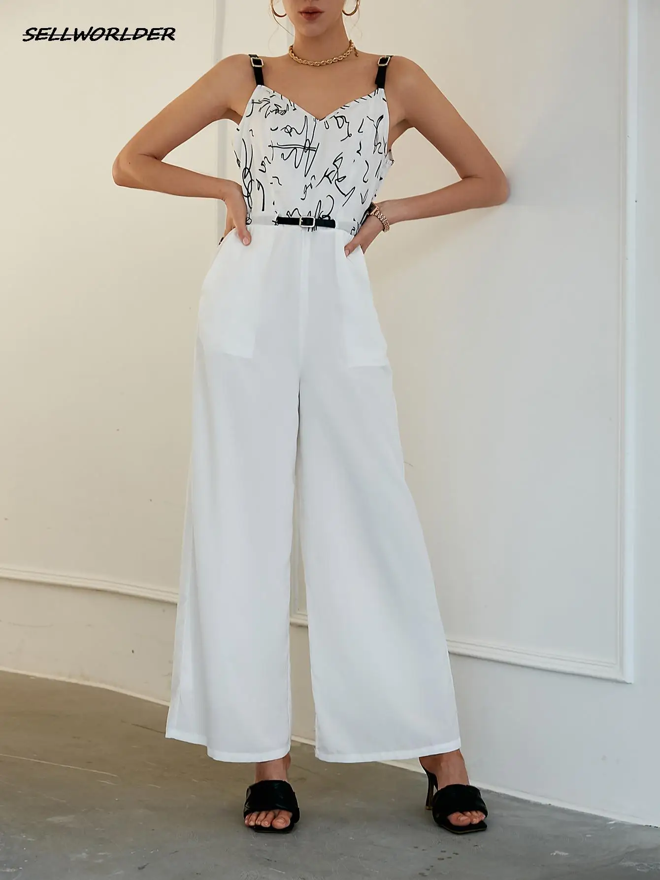 

Fashion Spaghetti Strap V-neck Graffiti jumpsuit Women Elegant High Waist belt Wide-leg Romper White Loose work jumpsuit