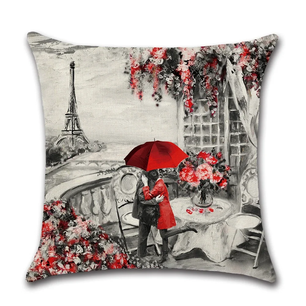Cushion Cover 45x45cm Throw Pillow Covers Black & Red Paris Eiffel Tower Couple Red City Landscape Decorative Pillow Cases