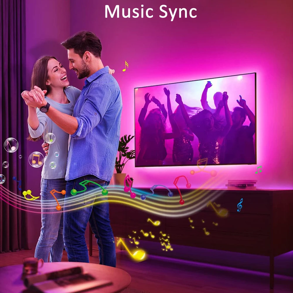 Vibrant RGB LED Strip Lights with Music Sync - Flexible Decorative Lighting for Room and Party Atmosphere