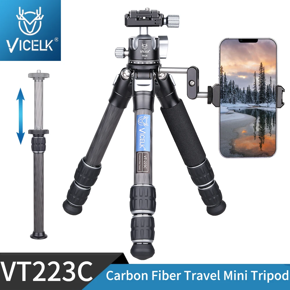 VT223C + TH28 탄소 섬유 미니 경량 컴팩트 탁상 삼각대, 매직 암 및 전화 클립, 휴대폰, 카메라, DSLR용