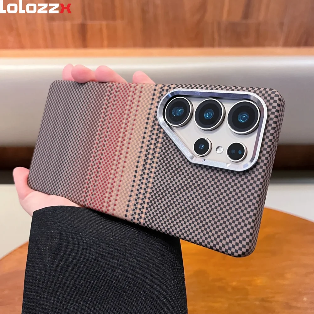 Luxury Carbon Fiber Magnetic Wireless Charging Hard Case with Metal Lens Frame