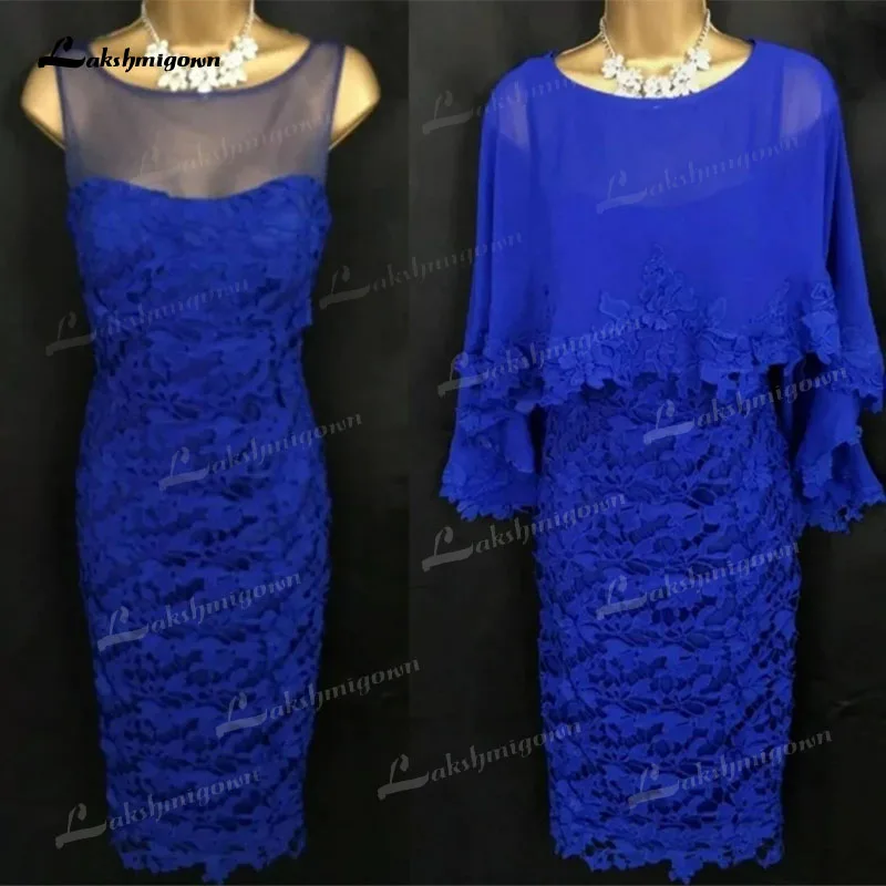 

Robe De Soirée Femme Royal Blue Mother of the Bride Dress with Jacket Lace Knee-Length Formal Dinner Gowns Wedding Guest Party
