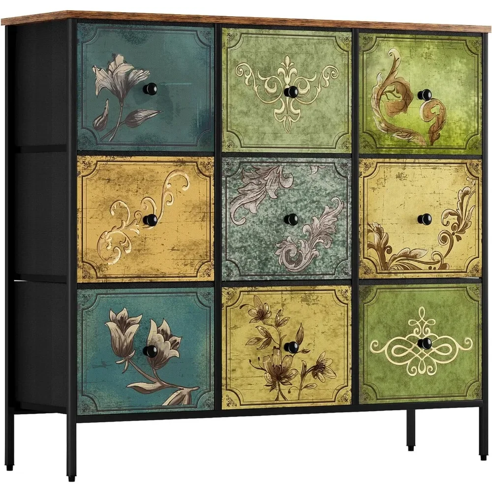 

Living Room Cabinet Chest of Drawer Dresser With 9 Fabric Drawers Rustic Pattern Closet Shelf Storage Locker Wooden Top Cabinets