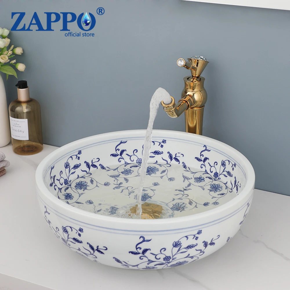 

ZAPPO Bathroom Basin Sink Faucet Combo Ceramic Round Wash Basin Bathroom Washbasin Hand Painted Vessel Sink bathroom sinks