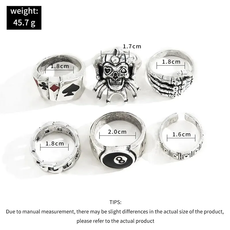 Hip Hop Metal Ring 6-Piece Drip Oil Poker Skull Clown Ring Niche Premium Vintage Set