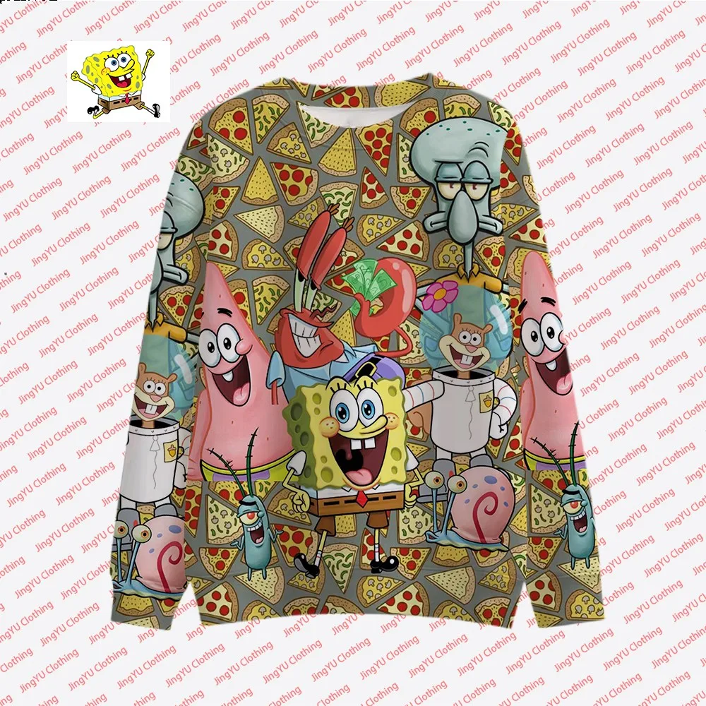 

2023 Street Fashion Casual Tops Round Neck Pullover Children's New Autumn Cute Spongebob Animation Printed Pullover 2K