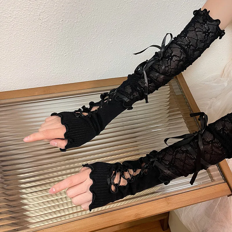 Women Lolita Jk Lace Fingerless Gloves Black Gothic DIY Strapping Sunscreen Sleeve Clothing Accessories Elastic Mesh Punk Gloves