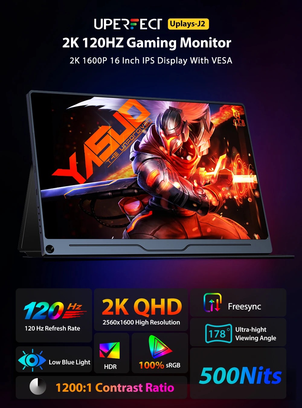 Фото UPERFECT UPlays J2 120 Гц 2K портативный игровой монитор 16-дюймовый монитор для ноутбука 2560x1600 500 нит HDR FreeSync с VESA и умным чехлом Матовый IPS Eye Care Внешний второй экран для коммутатора Huawei Xiaomi №2