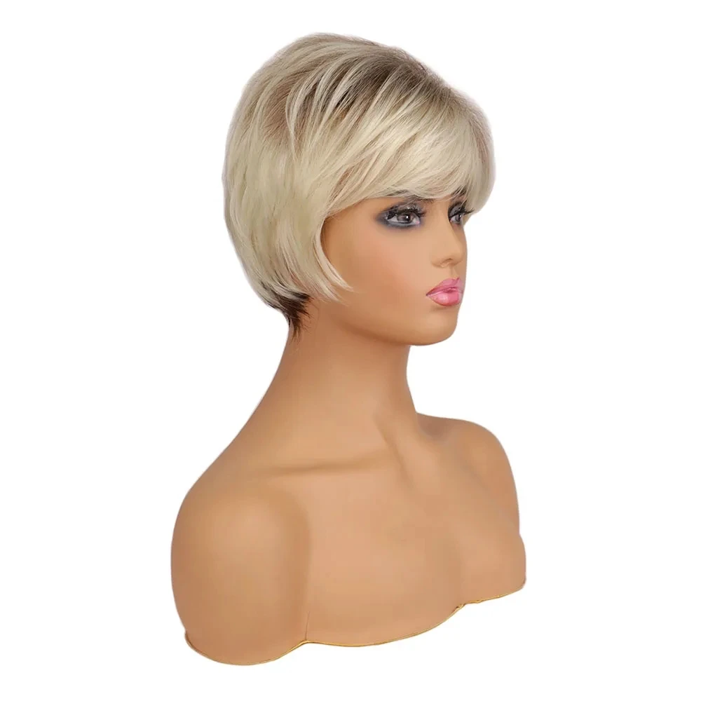 WHIMSICAL W Short Pixie Cut Wig With Bangs Brazilian Remy Synthetic Wigs Heat Reistant Hairstyles for Women