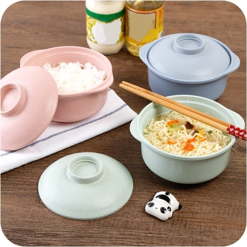 Portable Food Container Lunch Tray Dishes Soup Bowl with Lid Pure Natural Wheat Straw Creative Salad Noodles