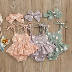 Ensemble 2 pièces d'été pour bébés filles de 0 à 24 mois, barboteuse à nouer sans manches avec bandeau, imprimé Floral marguerite, mignon 