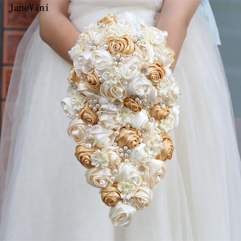 

JaneVini Stunning Khaki Ivory Korean Waterfall Bridal Bouquets Pearls Artificial Cascading Flowers Bouquet Wedding Accessories