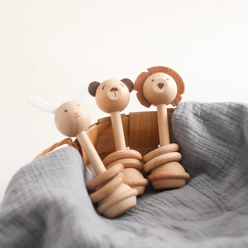 Wooden Animal Rattle Toys Teether for Newborn Baby 0 12 Months