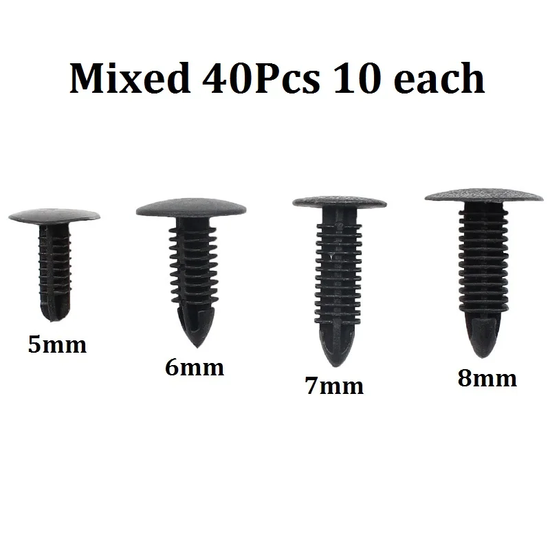 40PCS Black Plastic Rivet Push in 5mm 6mm 7mm 8mm Car Trunk Roof Trim Panel Fastener Clip