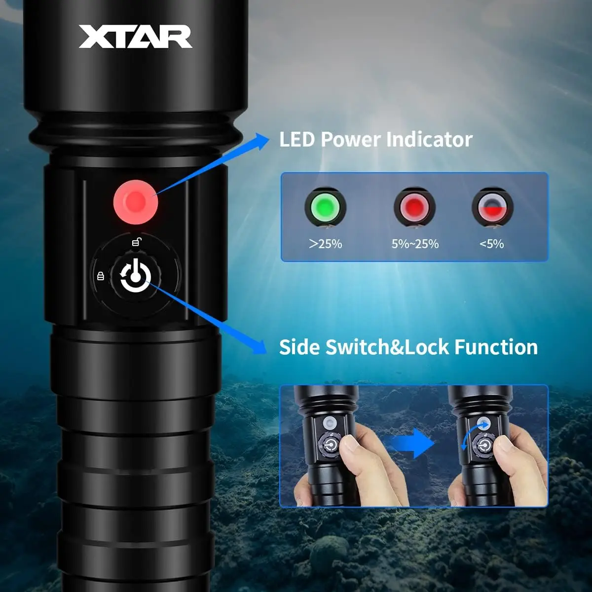 XTAR D26 고출력 LED 다이빙 손전등 1100루멘 IPX8 최고 방수 등급 18650 배터리로 구동 핸드 로프 포함
