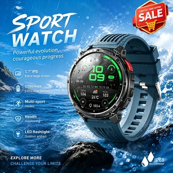 Nuovo Smartwatch Sportivo 2026 con Schermo Grande IPS da 1.7 Pollici, Batteria da 1100mAh, Modalità Multi-sport, Torcia LED, Bussola per Esterni e Monitoraggio Dati