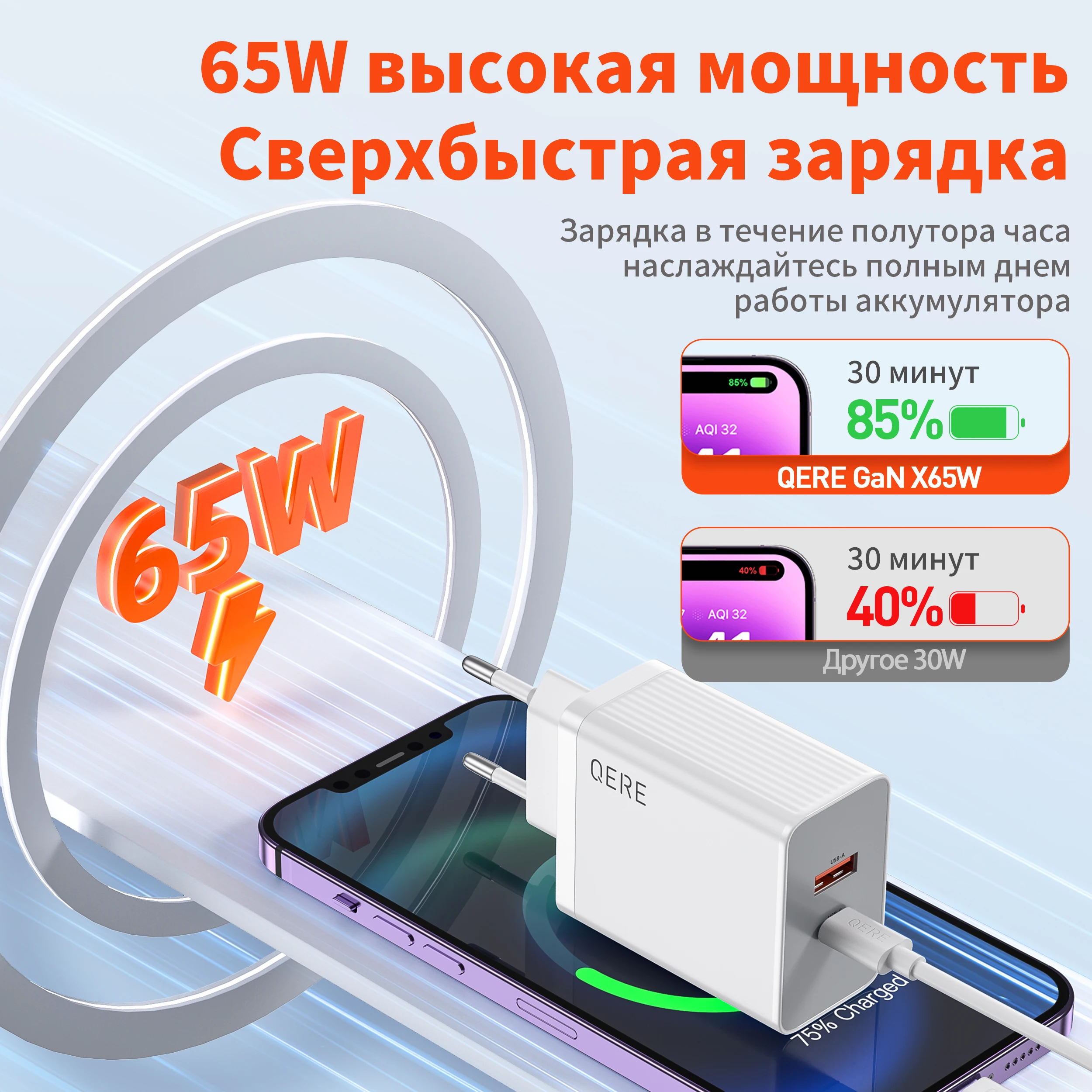 QERE 고속 충전기 PD 65W GaN 전화 범용 어댑터 EU 플러그 안전 유형 C USB 지능형 번개 고속 충전 미니 휴대용