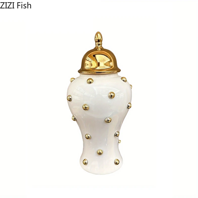 Golden Bubble Ball Decorative General Tank Porcelain Ginger Jar Gold-plated Flower Vase Dresser Table Jewelry Cosmetic Container 4