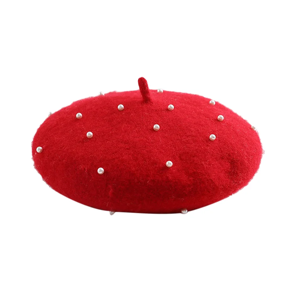 

Wool Pearl Girl Beret Hat Beret Hat Sweet Warm Beret Hat Pretty Beret Hat (Red)