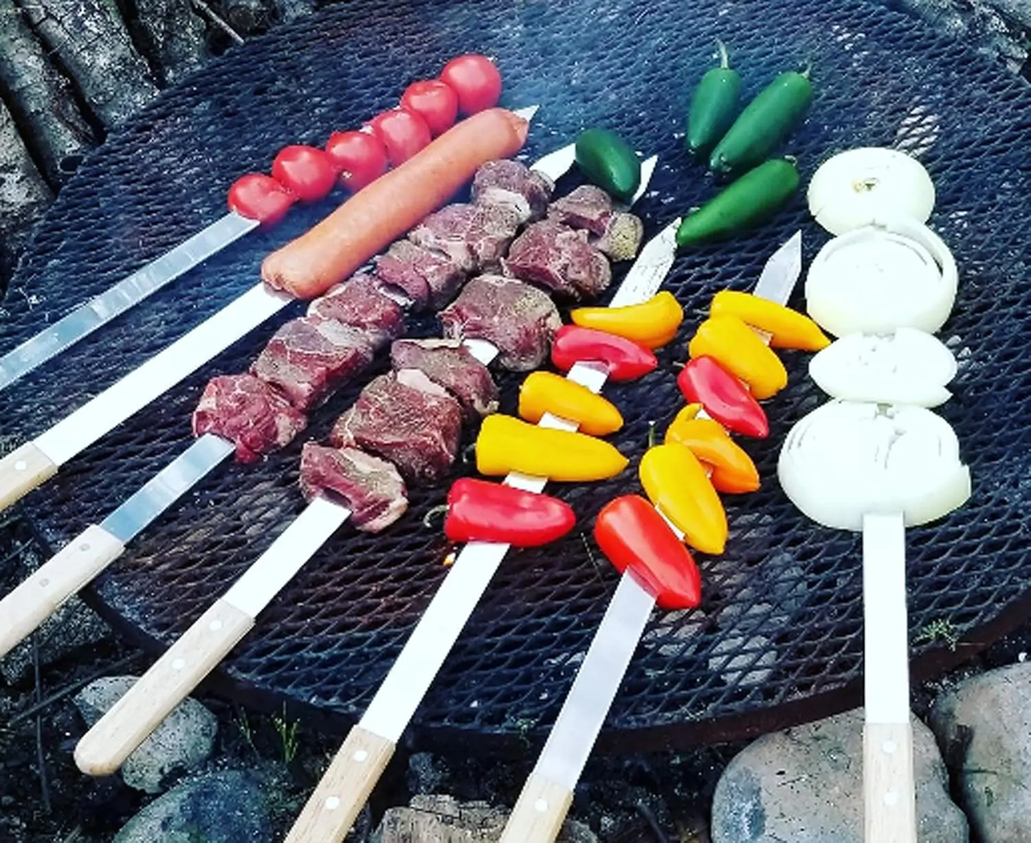 41cm 2.3cm Stainless Steel Barbecue Skewers Bamboo Handles Flat Metal Grilling Skewers Pork Beef Needle BBQ Accessories