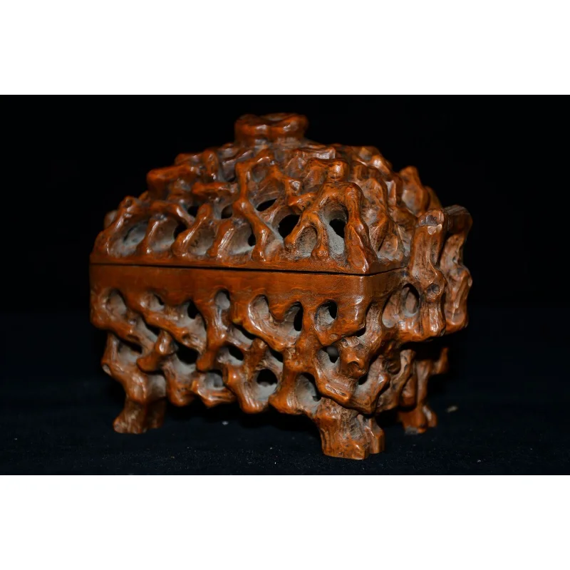 

5.5" Collect China Box-wood Carve Hollow Out Tree Grain Storage Box Statue Craft Gift Decoration Home Decore