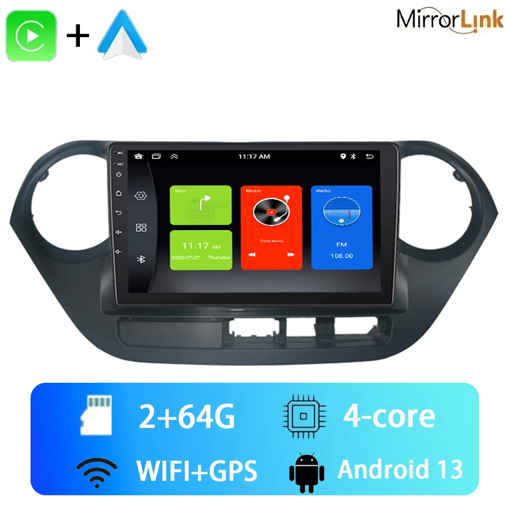 thumbnail image 1 of Radio para coche con Android 13, Carplay, reproductor multimedia con grabadora GPS, 2DIN, DVD, 9 pulgadas, para Hyundai Grand I10 2014, 2015, 2016, 2017, 1 of 5