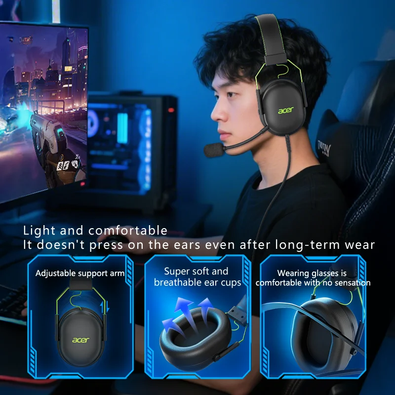 2025 Acer Ohw200 Headphones 7 1 Surround Sound Wired Usb Gaming Headset With Mic Noise Cancelling  Gamer For Pc, Laptop, Alina Gadgets