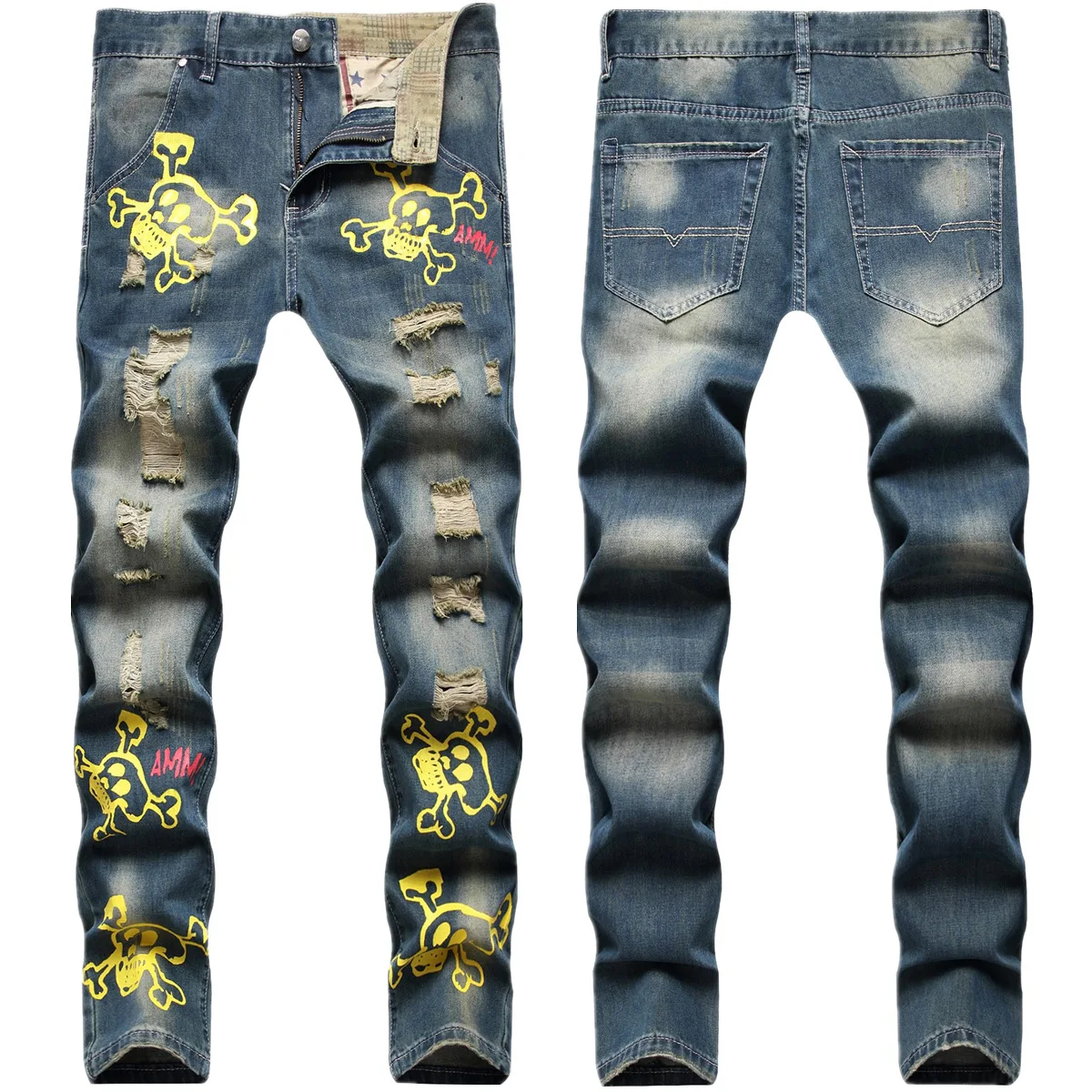 

New Arrival Men's Luxury Jeans with Colorful Skull Print and Holes Hip Hop Style Vintage Ripped Design Slim Blue Boyfriend Jeans