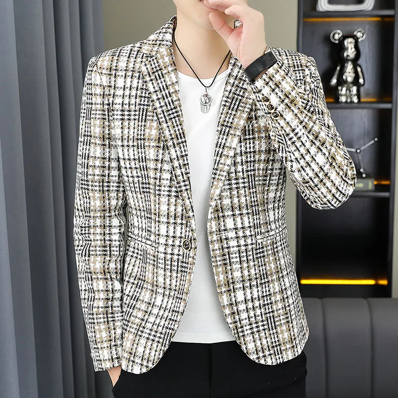 Blazer Men's Fashion Gentleman Business Outdoor Travel Plaid Slim-fit Korean Version of The Trend Handsome Youth Casual Blazer