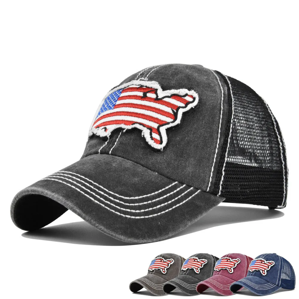 

New Washed Cotton Baseball Cap Breathable Wicking Mesh Visor Ventilation Adjustable American Flag Sun Hat Star Fashion Mesh caps