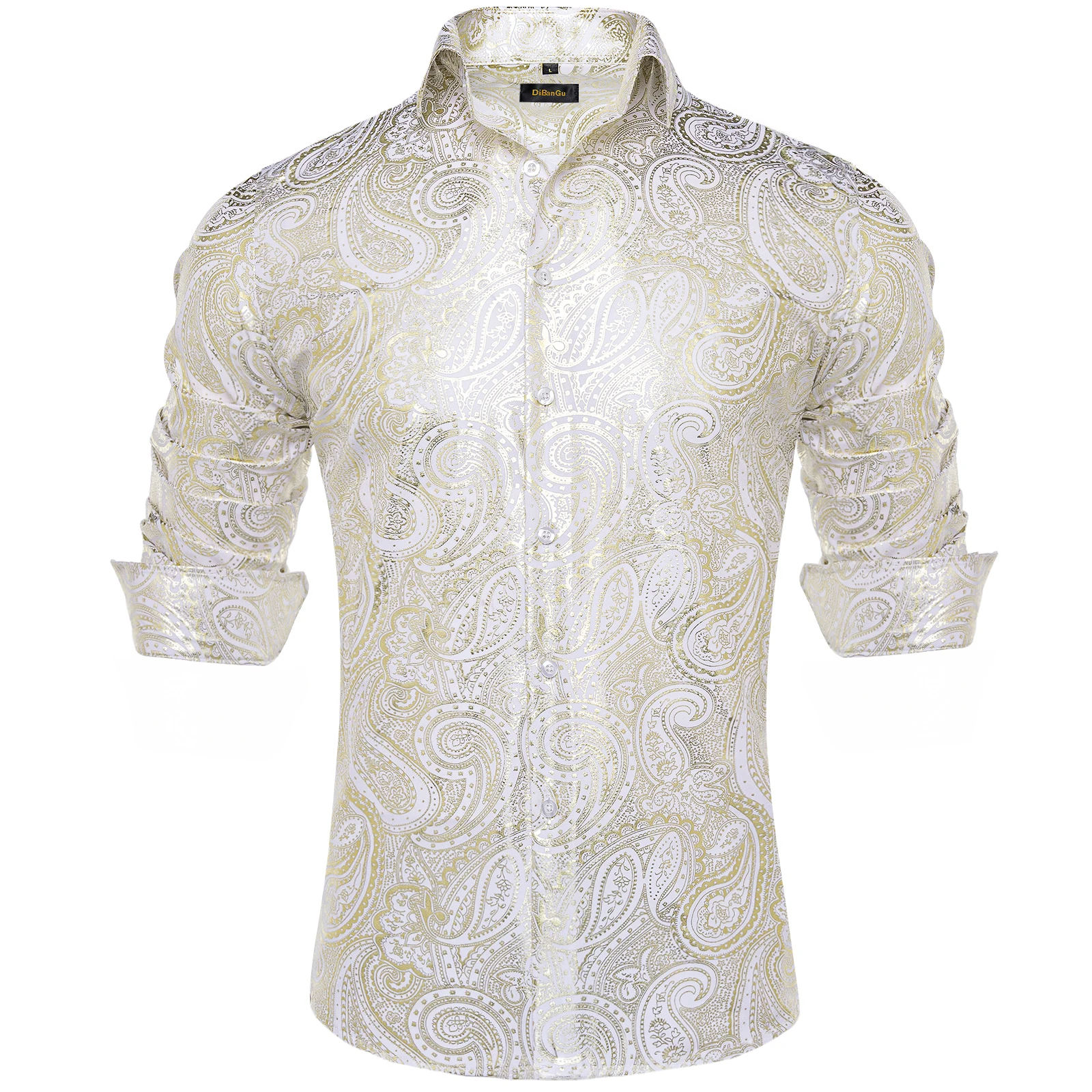 HISDERN Heren Luxe Goud Paisley Gedrukte Glanzende Overhemden Met Lange