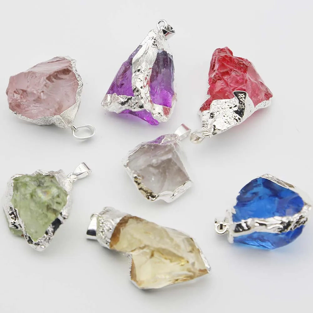 Natural Crystal Stone Multicolor Irregular Plating Silver Edge Pendant Necklace Reiki Charms DIY Jewelry Making Accessories 6Pcs