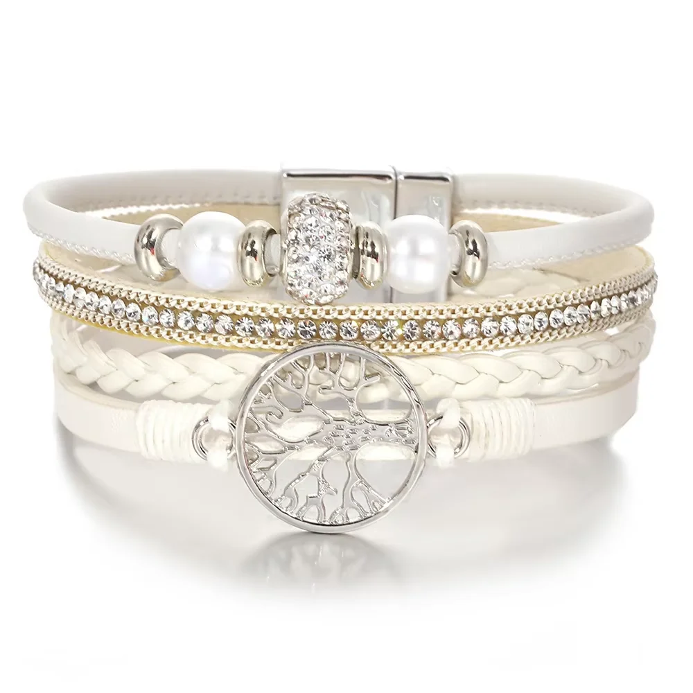 ALLYES Tree of Life Rhinestone Beads Pearl Leather Bracelets for Women Charm Bohemian Multilayer Wrap Bracelet Halloween Jewelry