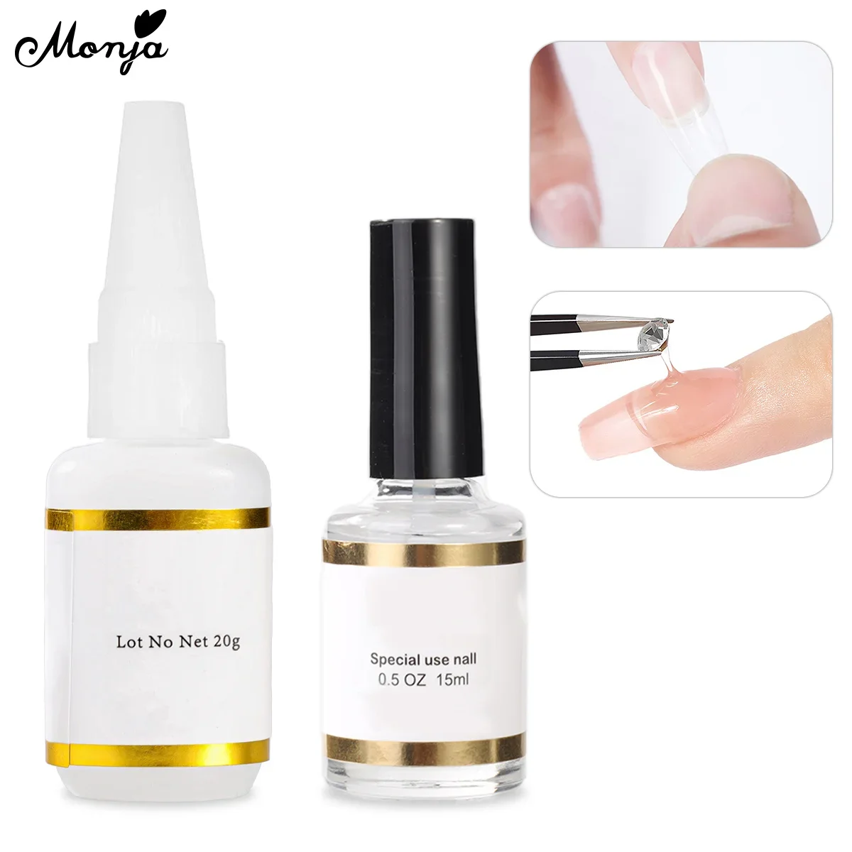 

Monja 2PCS Sets 15/20ml Nail Glue Super Strong Adhesive Fast Drying for Acrylic False Tips Rhinestone Decoration Manicure Tools