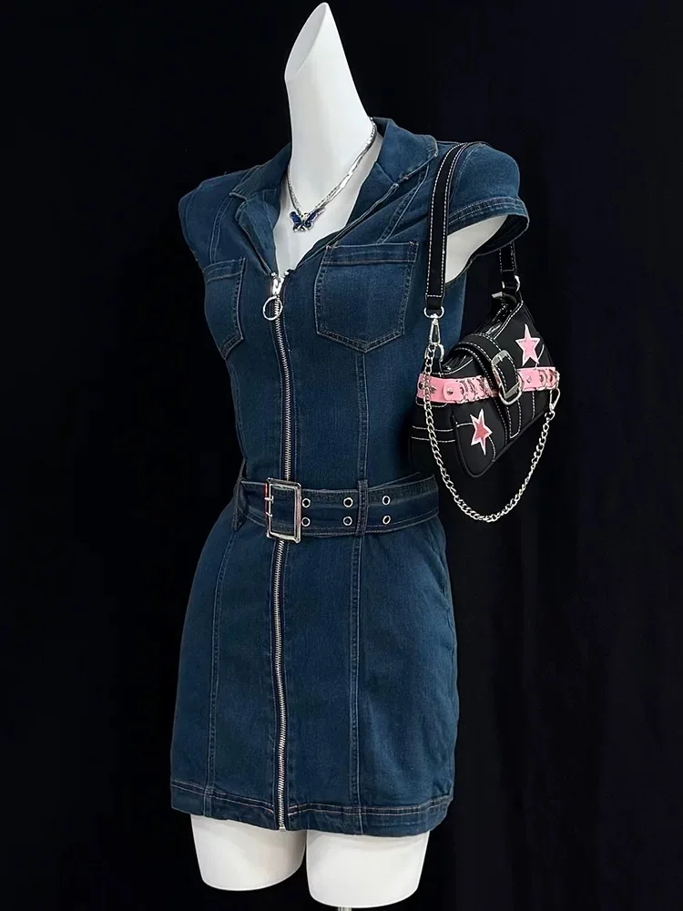 2000s Retro Blue Y2k Denim Short Dress Women Summer Zipper Elegant