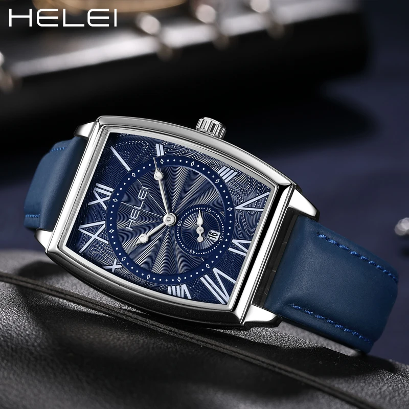 HELEI Luxury Man Wristwatch Waterproof Luminous Date Leather Men's Watches Leisure Square Men Watch Casual Quartz Male Clocks