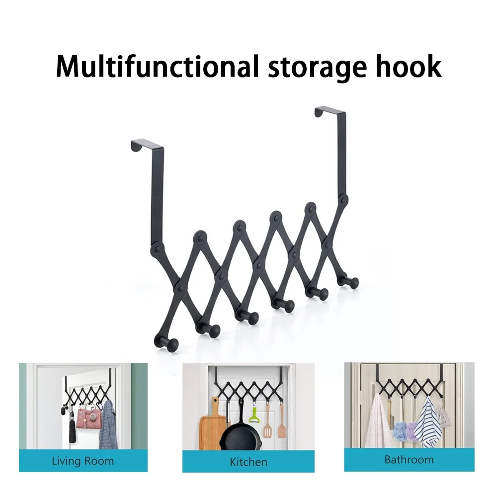 Accordion Wall Hanger with 4/6 Hooks, Wooden Wall Expandable Coat Rack for Coat, Hats, Baseball Caps, Coffee Mug(Black)