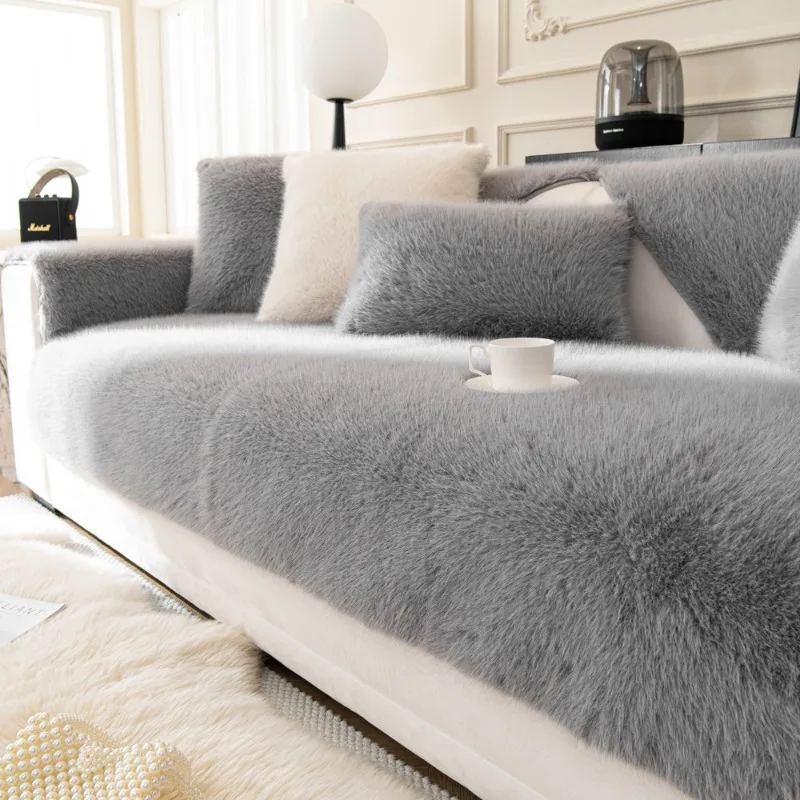 

Light Luxury French Mink Fleece Sofa Cushion Winter Thickened Premium Leather Sofa Plush Anti Slip Cover