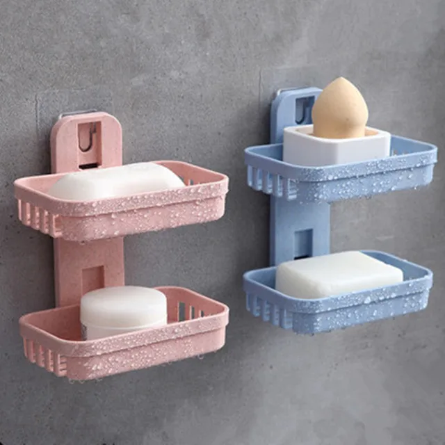 Wall Mounted Wheat Straw Soap Holder Bathroom Double Layer Drain Soap Tray Shower Soap Dish Bathroom Accessories 1