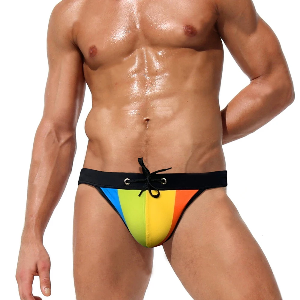 

WK165 new summer beach sexy rainbow print low waist men swimwear hot gay men swimming bikinis pool hot men swimsuits swim briefs