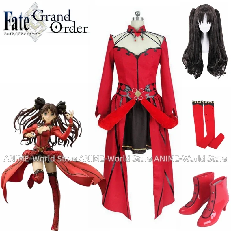 

Game FGO Fate Grand Order Craft Essence Magical Ruby Red Dress Tohsaka Rin Wig Shoes Cosplay Costume